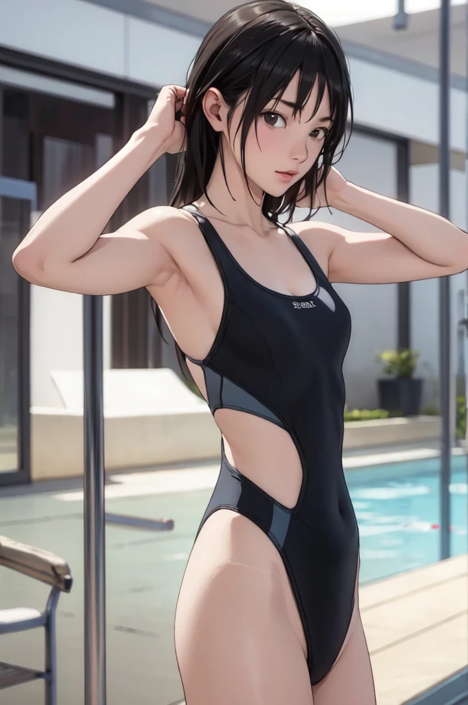 ((masterpiece, best quality)),((highres:1.2)), 1 Girl, solo, Blurred Background, (((Small breasts))), Thighs, (One piece swimsuit), pool, ((hard pose))