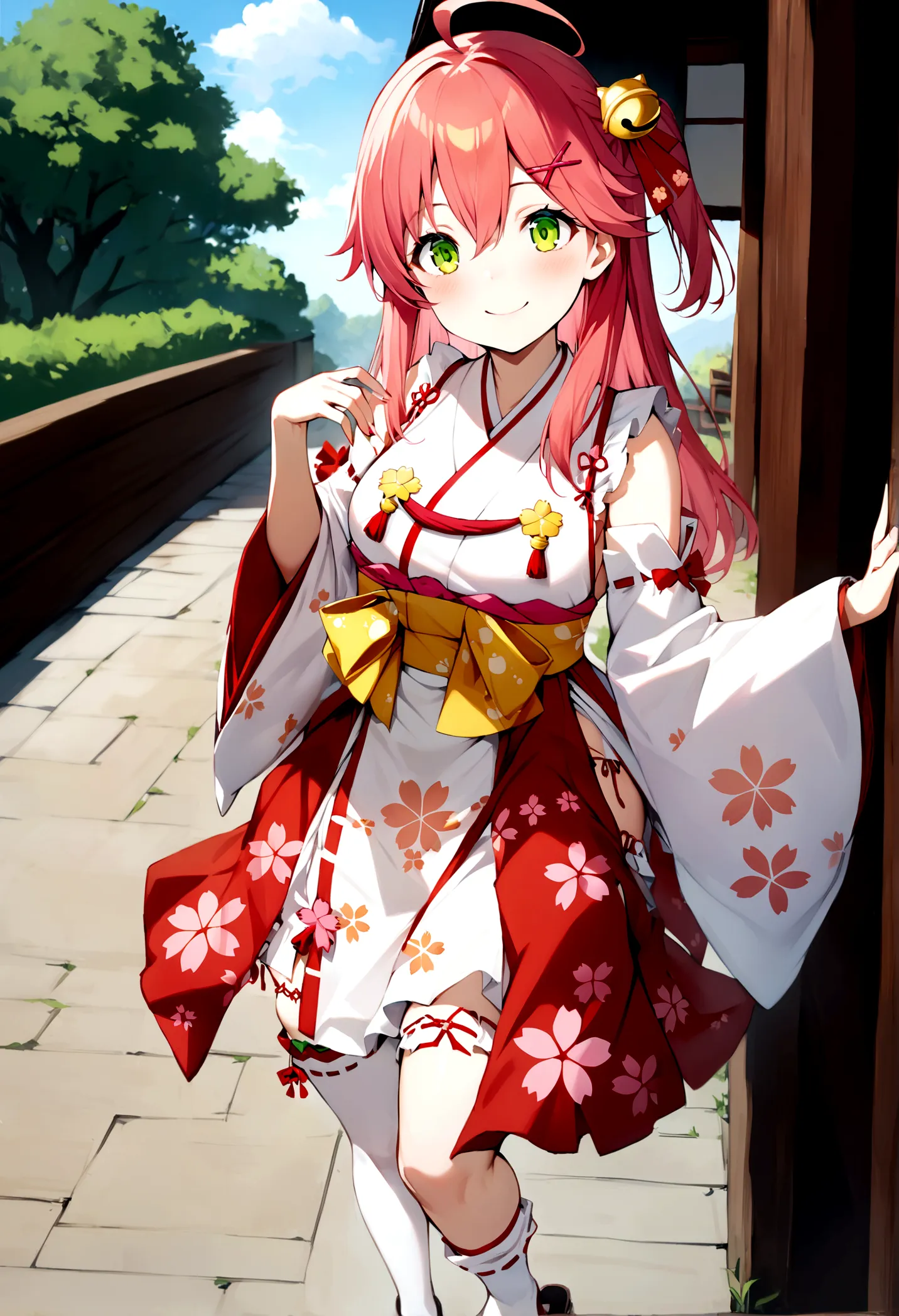 ((masterpiece,highest quality)),one girl, day, kimono, view your viewers, recall, outdoor, are standing, miko 1, sakura miko, gr...