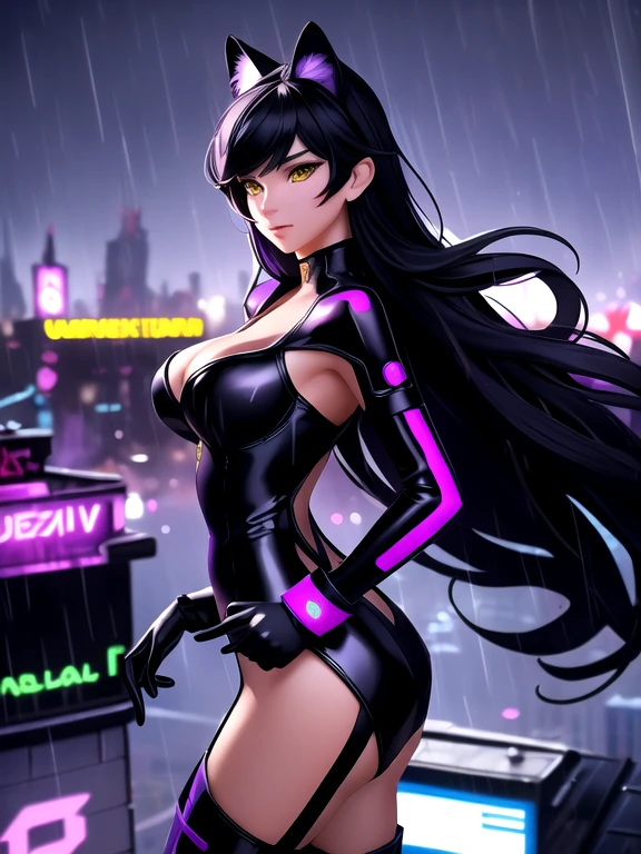 masterpiece:1.2, best quality,  Belladonna, cat ears, long hair, purple body suit, black gloves, high heels medium breasts, black hair, yellow eyes,, full body, up close, standing, cyberpunk background, blur, neon lights, roof top, in the rain, overlooking city, upper body, front view, up close, looking at viewer,