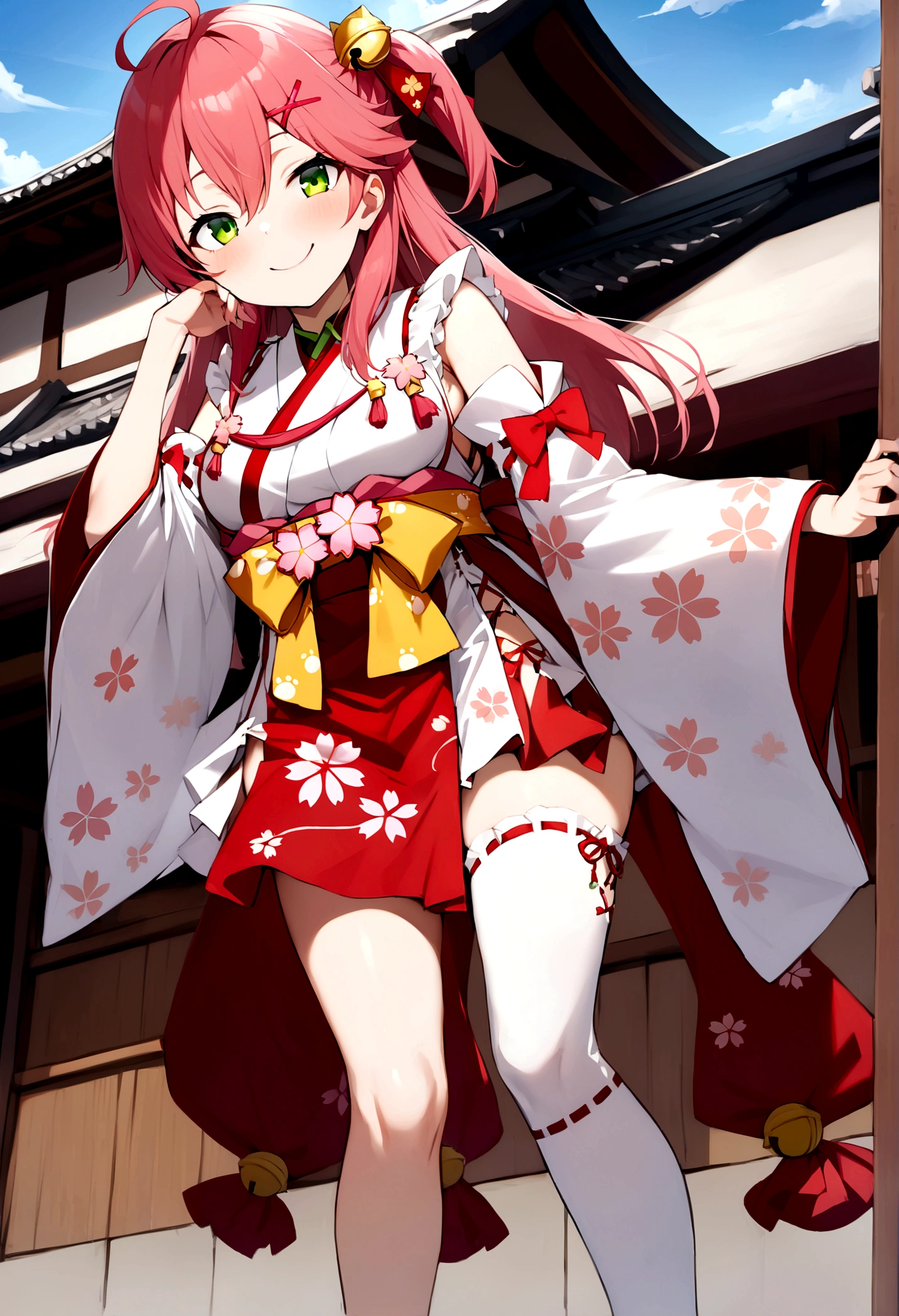 ((masterpiece,Highest quality)),One girl, Day, kimono, View your viewers, Recall, Outdoor, Are standing, Miko 1, sakura miko, Green Eyes, alone, Ahoge, X Hair Ornament, Pink Hair, Single knee socks, Side bust, Hair Clip, Hair Bell, Floral print, Long Hair, Hair between the eyes, One side up, White knee socks, Asymmetrical legwear, Wide sleeves, smile, sunny, smug face