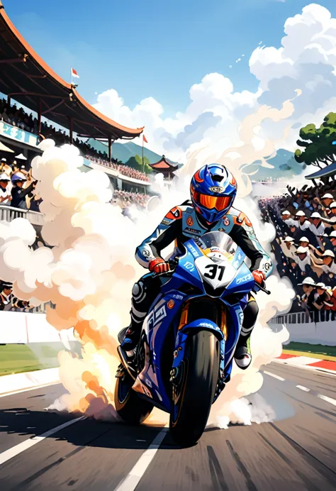 (Motorcycle), On a professional racing track, two Asian athletes dressed in professional racing uniforms are driving high-perfor...