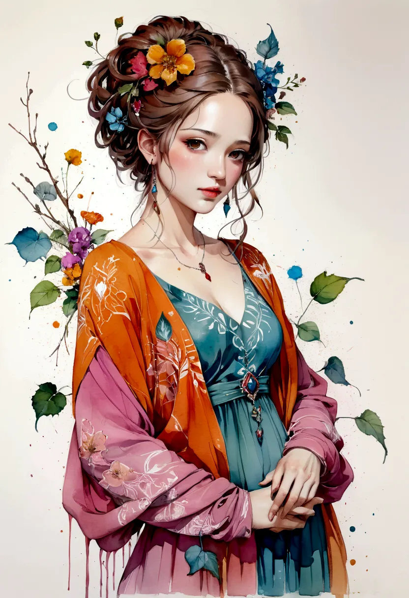 a painting of a woman in a colorful dress, a gouache by Carne Griffiths, pinterest, figurative art, mixed media, watercolor, fem...