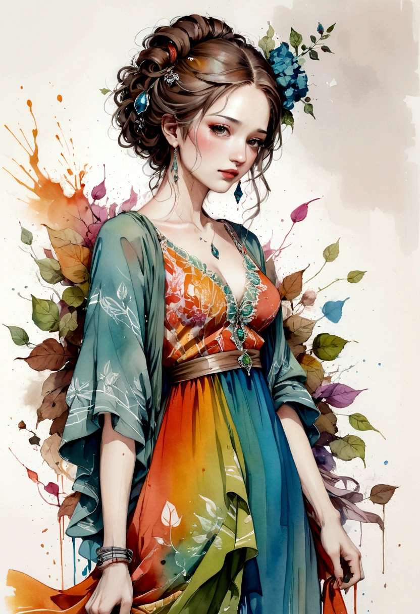 a painting of a woman in a colorful dress, a gouache by Carne Griffiths, pinterest, figurative art, mixed media, watercolor, feminine