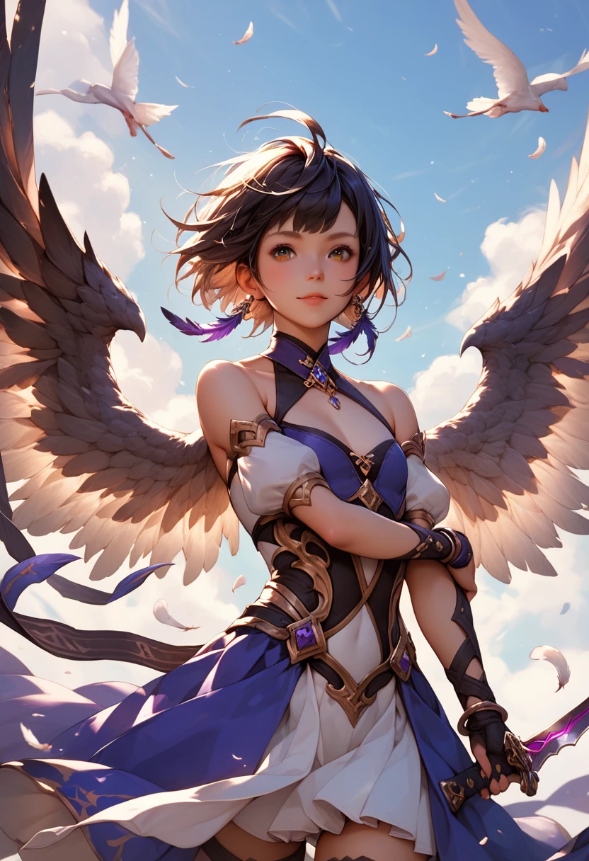 a young beautiful, powerful female mage with gorgeous long dark color dress fantasy style. feathers of her wings are made by knives
