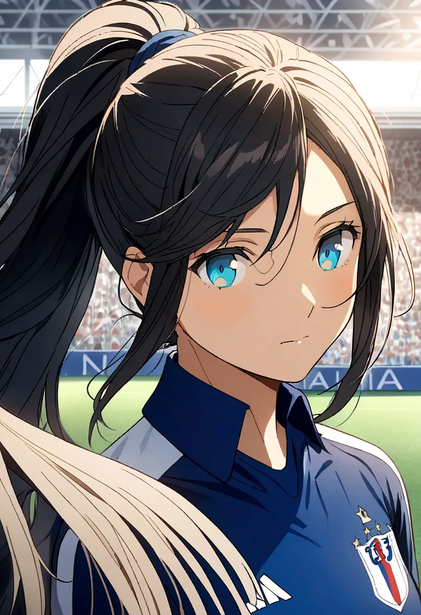 (anime,2d)women,soccer player,black fur,wide,fringe,collected in a ponytail,clear skin,light blue eyes,france national team clot...