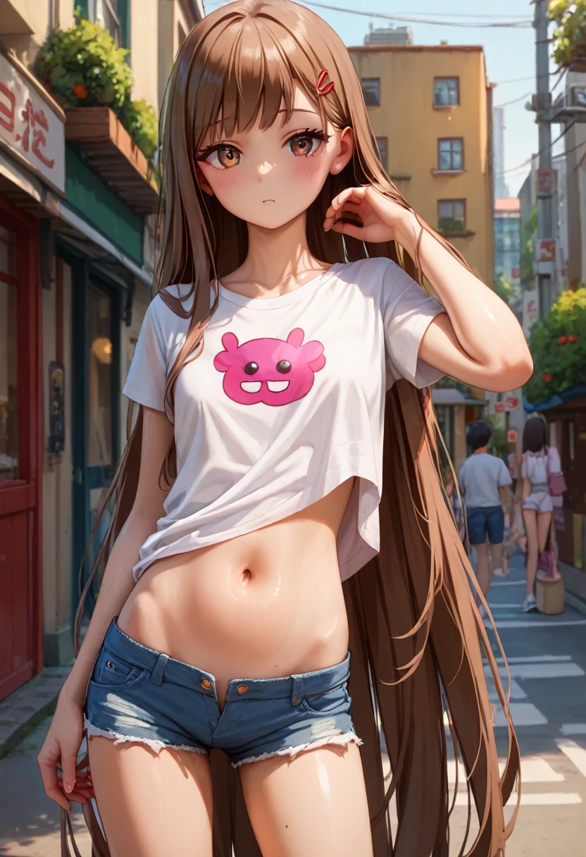 ((masterpiece,Highest quality;1.3,best illustration)),cowboy shot,1woman、25 year old beauty、独奏,((very small head:1.3)),brown hair,long hair,bangs,brown eyes,gorgeous eyes,blush,small breasts,((very long body:1.3)),((toned body,slender body,skinny)),gleaming skin,shiny skin,oily skin,(White T-shirt、denim micro shorts)、on street,Tokyo,