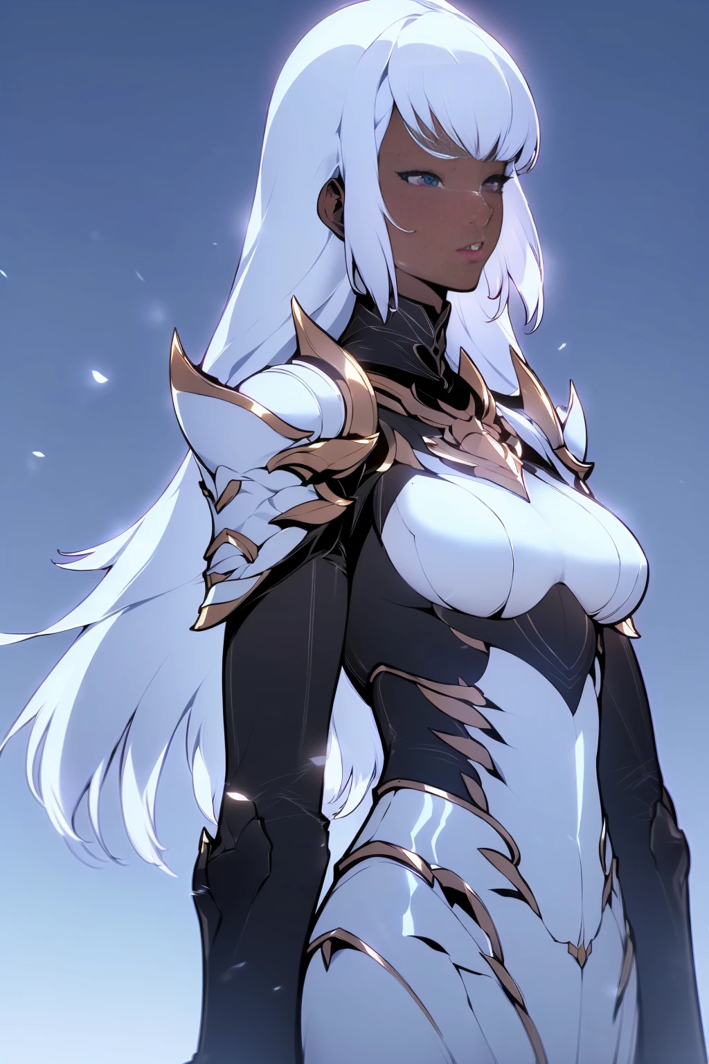 detailed gorgeous woman with dark skin, huge breasts, white hair, wearing full black armor, perfect anatomy, (best quality,4k,8k,highres,masterpiece:1.2),ultra-detailed,(realistic,photorealistic,photo-realistic:1.37),space background, dramatic lighting, cinematic, hyper realistic