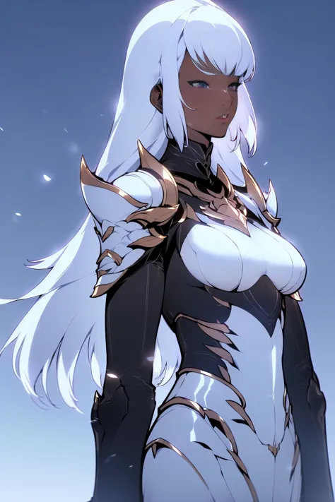 detailed gorgeous woman with dark skin, huge breasts, white hair, wearing full black armor, perfect anatomy, (best quality,4k,8k...