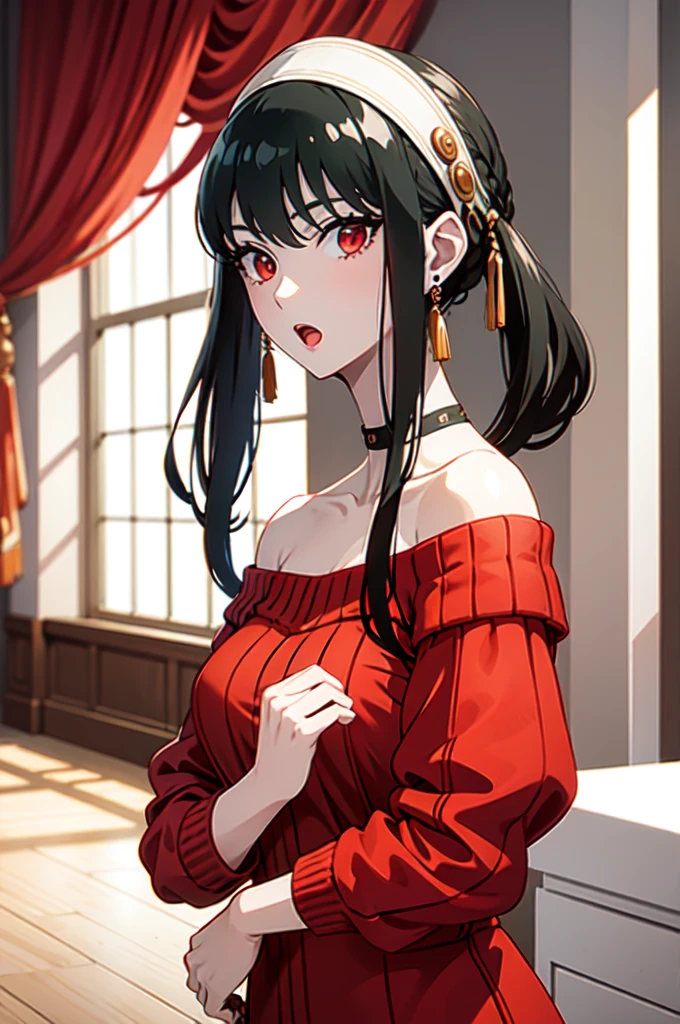 masterpiece, yor, 1girl, solo, looking at viewer, open mouth, black hair, red eyes, dress, bare shoulders, jewelry, collarbone, sidelocks, hairband, earrings, indoors, off shoulder, :o, sweater, arms behind back, plant, short hair with long locks, white hairband, off-shoulder dress, sweater dress, off-shoulder sweater, red sweater, big side hair, very long side hair, 