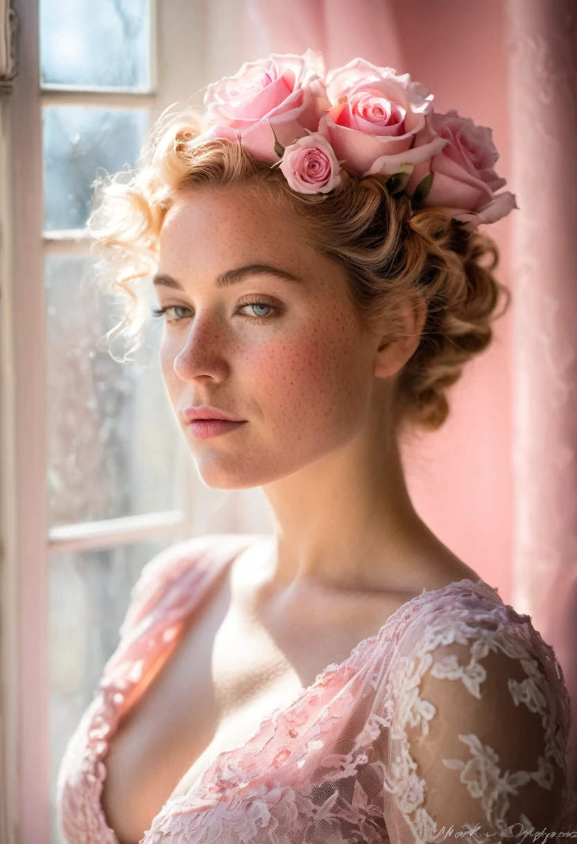 on all four An ultra-detailed photo portrait oF a (un ange aux cheveux pink french twist et roses:1.3) et (Freckles:1.2), frappé par un (ray oF sun From a window:1.1), contraste dramatique, détails de dentelle complexes, ombres profondes, large breast, faits saillants vibrants, soFt textures, Canon EOS 5D Mark IV, 1/320s, F/1.8, ISO 100, high Fidelity, netteté cristalline, ambiance maussade, lueur éthérée, delicate interplay oF light et shadow, regard captivant, riche palette de couleurs, expression artistique, résonance émotionnelle.