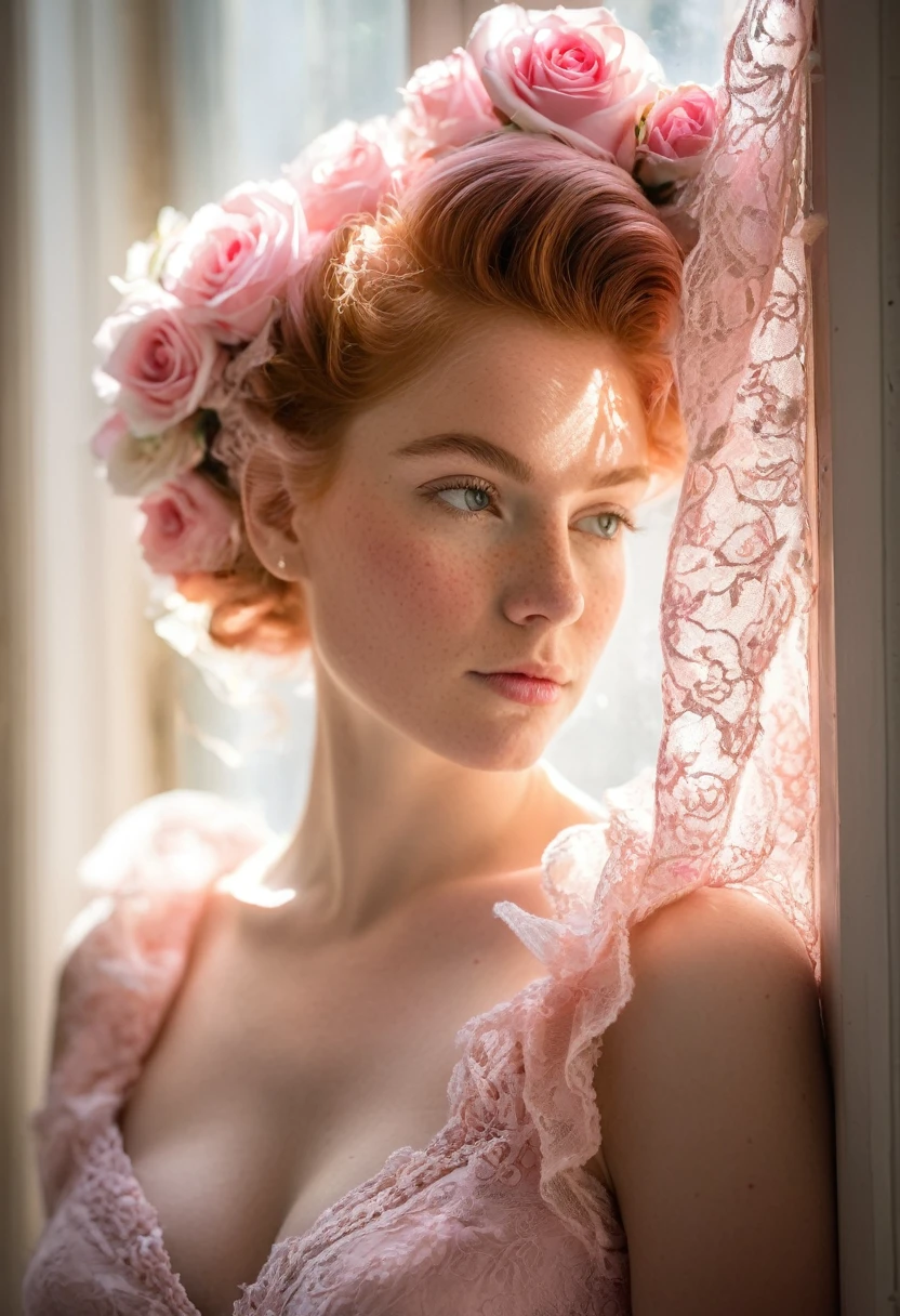 on all four An ultra-detailed photo portrait oF a (un ange aux cheveux pink french twist et roses:1.3) et (Freckles:1.2), frappé par un (ray oF sun From a window:1.1), contraste dramatique, détails de dentelle complexes, ombres profondes, large breast, faits saillants vibrants, soFt textures, Canon EOS 5D Mark IV, 1/320s, F/1.8, ISO 100, high Fidelity, netteté cristalline, ambiance maussade, lueur éthérée, delicate interplay oF light et shadow, regard captivant, riche palette de couleurs, expression artistique, résonance émotionnelle.