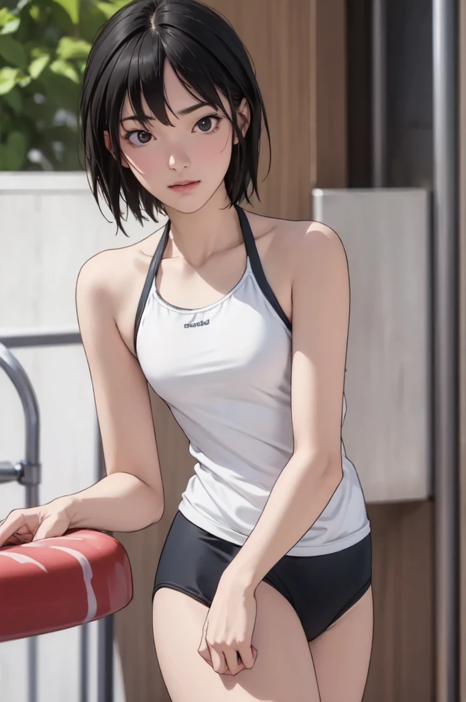 ((masterpiece, best quality)),((highres:1.2)), 1 Girl, solo, Blurred Background, (((Small breasts))), Thighs, (One piece swimsuit), pool, ((hard pose)), short hair