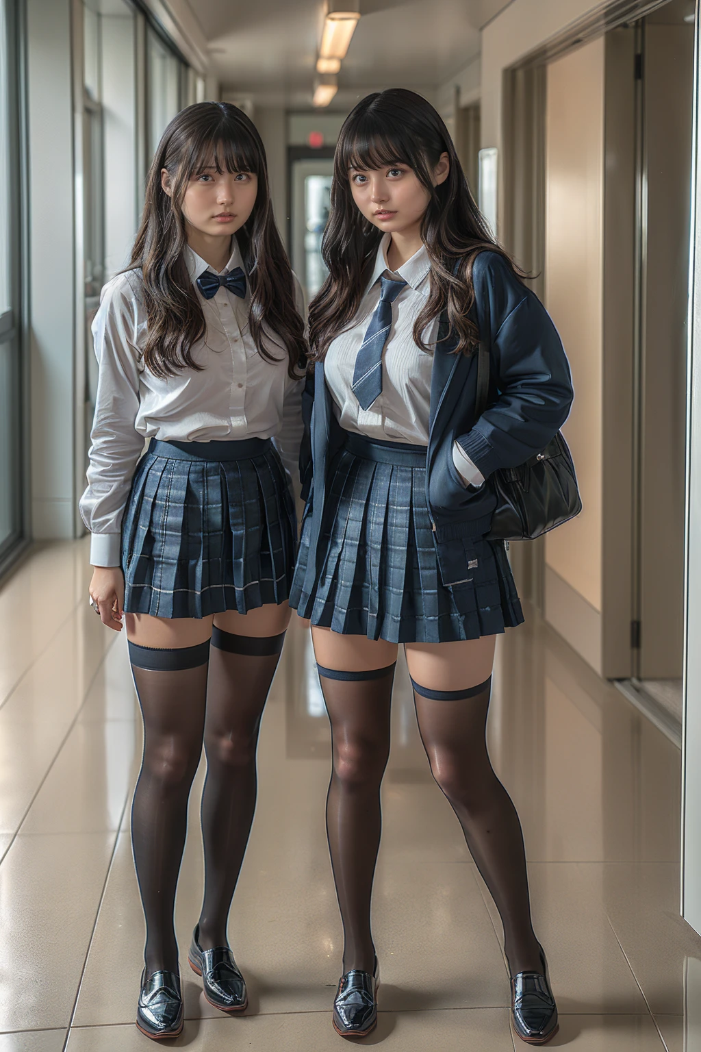 Ultra-high resolution, Realistic, Very detailed, Golden Ratio, Highest quality, (女子高校生2人がこちらを向いてAre standing全身ショット), Japanese high school girls, (promotional photoshoot), (Are standing), They always wear black stockings., They are both standing on the floor wearing brown high heel loafers., (Two beautiful high school girls with exemplary figures), Beautiful Face, (Realisticな face), (Blondeのショートカット:1.3), Japanese Blonde, Blonde, short hair, Black Hair Band, Glare, Frowning, Drooling, Long Tongue, Verbal invitation, compensate, Frowning, Frowningをする, Surrealism, First Person View, First Person View, Wide-angle, Ultra-high resolution, Anatomically correct, Super detailed, 16K, (Two beautiful high school girls, Standing side by side), They both wear the same uniform, (She is wearing a navy blue mini uniform..), (Not exposed), Not see-through, (F Cup Big:1.5), Cleavage,  (Realisticなシャツとスカートの制服), Narrow waist, (The pleated mini skirt is very short:1.6), (wide thighs and long legs:1.5), (Seamless black stockings:1.3),(wide thighs), (Very long legs), (Thighs in shiny black stockings), (The black stockings have no pattern.), (Wearing brown high heel loafers), Accurate high heels