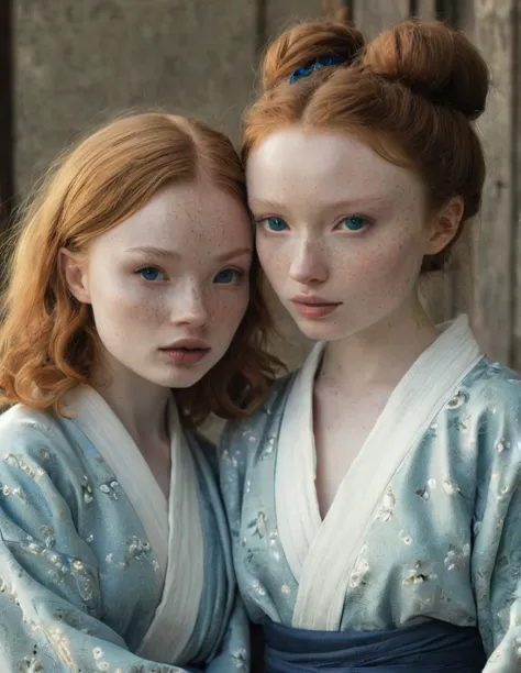 full body of Sadie Sink and Emily Browning,face to face, warm hugs,  (freckles:1.1), symmetric swirls around their piercing blue...
