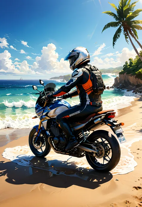 (Motorcycle), On the warm beach, a rider stopped his motorcycle, took off his helmet, and enjoyed the sea breeze and sunshine. A...