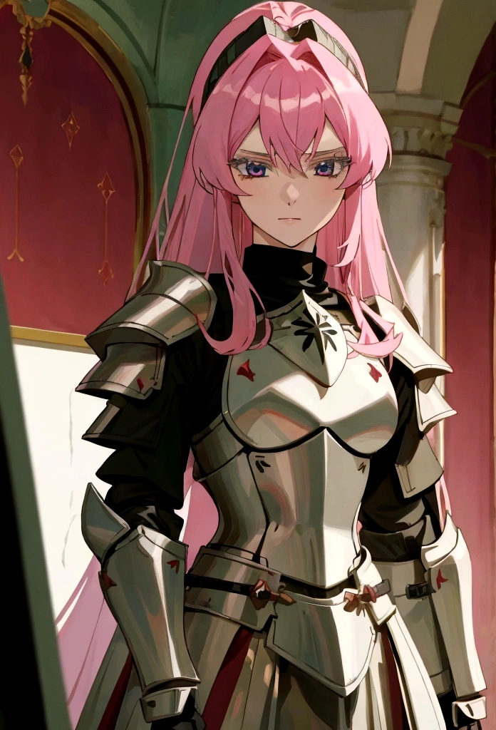 a female knight with pink hair and green eyes and wearing white and red armor 