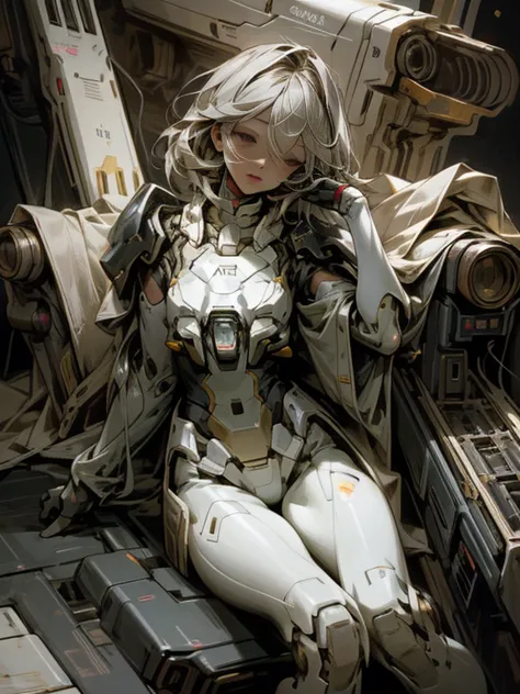 Robot femenino arafed sentado en una nave espacial de ciencia ficción mirando a la cámara, (((only one person))), (((only one fa...