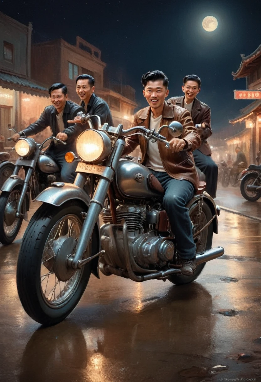 (Motorcycle), night, At a vintage motorcycle , a rider drives a shiny and intricately detailed 1950s motorcycle, surrounded by his Asian friends, celebrating the beauty of classics. The background is a vintage motorcycle with friends, full body, (Photography), panoramic view, award-winning, cinematic still, emotional, vignette, dynamic, vivid, (masterpiece, best quality, Professional, perfect composition, very aesthetic, absurdres, ultra-detailed, intricate details:1.3)