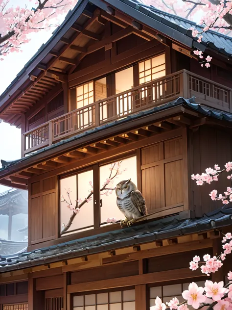 A realistic owl, known for bringing good luck, is perched on a branch of a cherry blossom tree in full bloom. The owl's feathers...