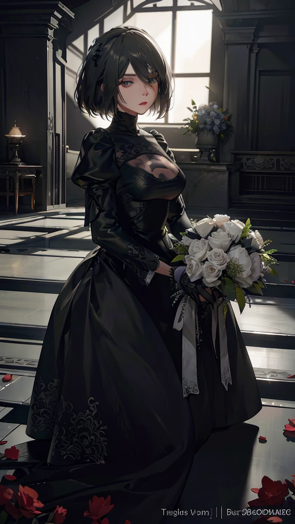 A woman in a black funeral dress, kneeling at a grave, holding a bouquet of flowers, intricate details, dramatic lighting, somber mood, realistic, high quality, cinematic composition, photorealistic, beautiful detailed face, beautiful detailed eyes, beautiful detailed lips, extremely detailed eyes and face, long eyelashes, melancholy expression, delicate hands, flowing fabric, moody atmosphere, haunting beauty, 8k, HDR, physically-based rendering, vivid colors, dramatic lighting, photographic, portrait