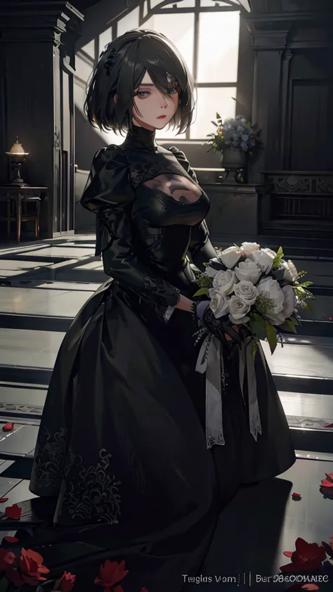 A woman in a black funeral dress, kneeling at a grave, holding a bouquet of flowers, intricate details, dramatic lighting, sombe...