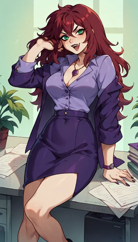 an attractive sexy hex girl with a big breast wears red hair, a tousled cut, her green eye, wears a purple button-down office co...