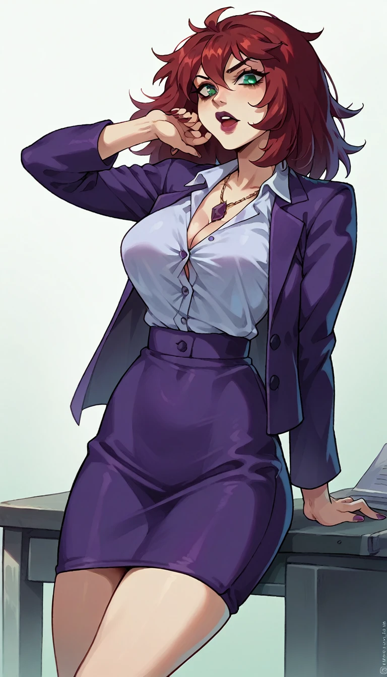 An attractive sexy hex girl with a big breast wears red hair, a tousled cut, her green eye, wears a purple button-down office coat and a long purple skirt with a black heel. 