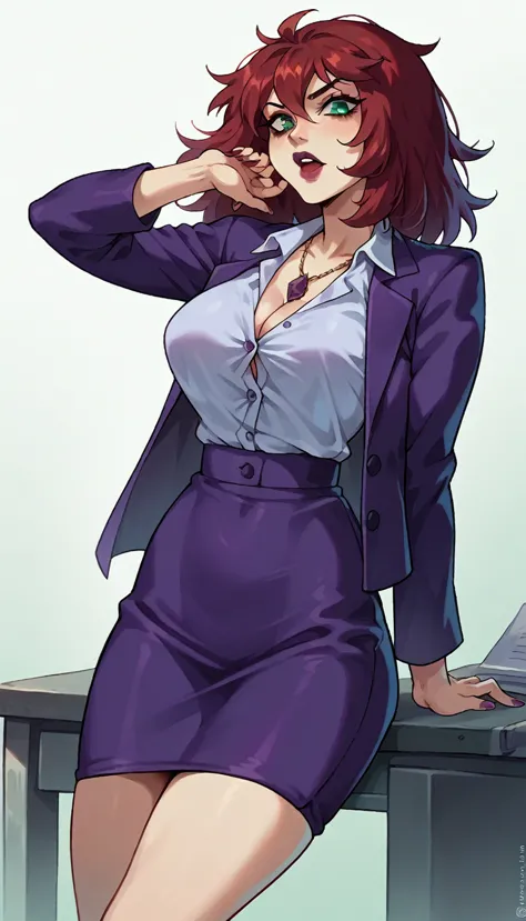 an attractive sexy hex girl with a big breast wears red hair, a tousled cut, her green eye, wears a purple button-down office co...