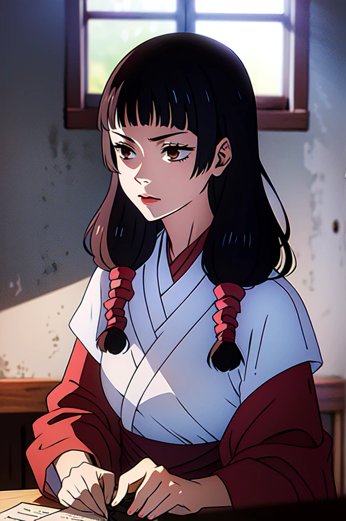 masutepiece, ((hyper detailed background, Delicate pattern, intricate detailes)), (Highly detailed, Fine details), Best Quality, Beautiful lighting, ((medium breasts, Slim Girl)), songstress, 1girl in, Solo, Black hair, Long hair, Brown eyes, komono, Twin-tailed, shrine maiden, Blunt bangs, Red Hakama, intricate detailed background, Inside, castle room environment, a medieval castle, Gray walls, window, bookshelf, (close-up, Portrait),