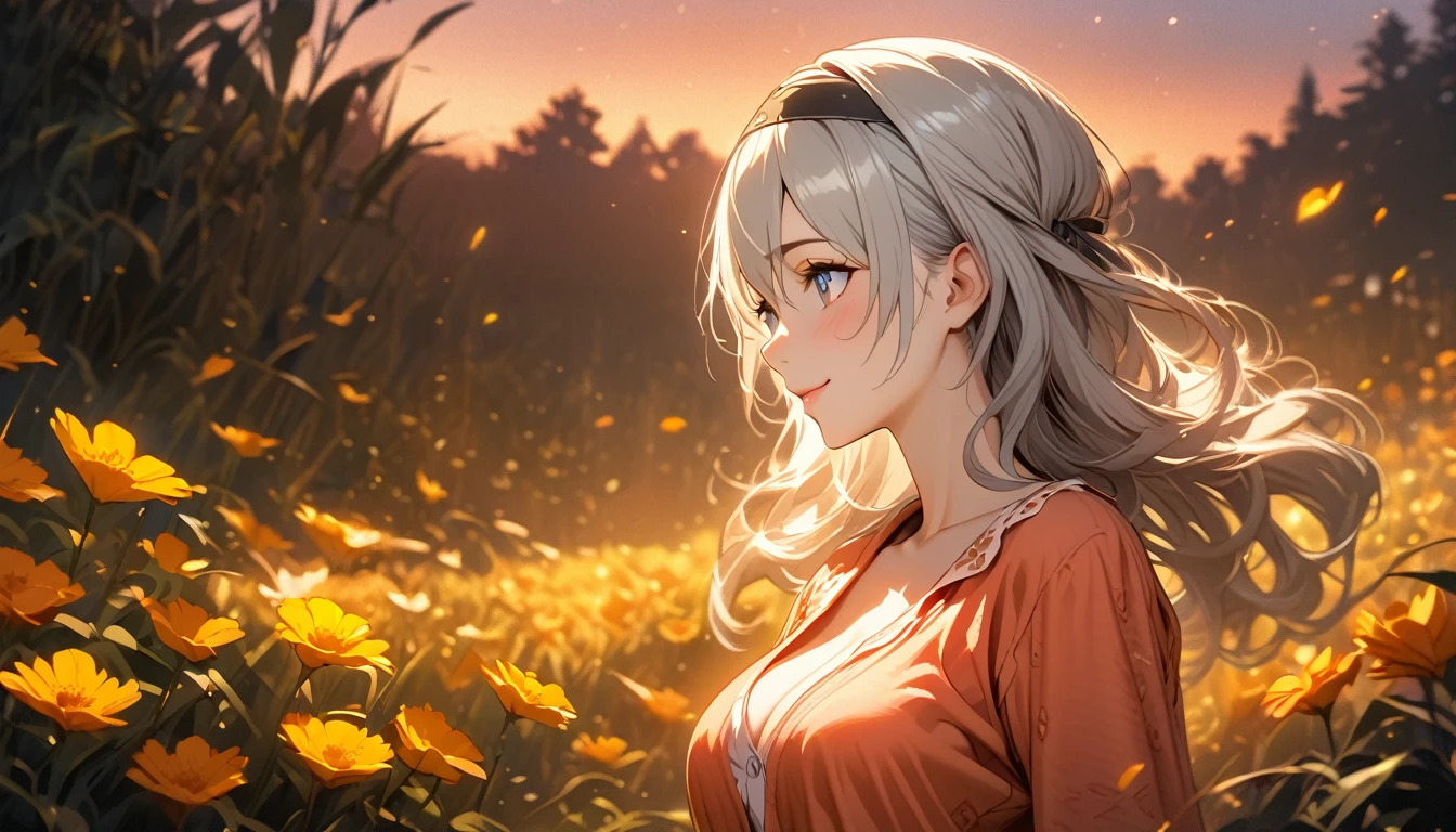 beautiful girl, long grey hair, beautiful face,smiling,close up to hips, beautiful breast, in the middle of flowers field, (open mouth:0.4),illustration,detailed textures(realists),ultra-detailed,portrait style,vivid colors,soft lighting, blushing, mature, hair fluttering, evening light , head band, ((half body)),  cleavage, wearing casual pajamas, perky. ((side profile until hips))