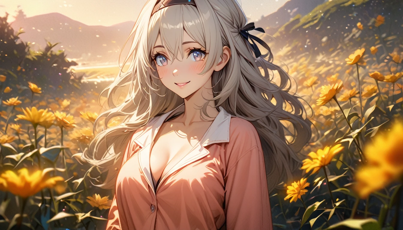beautiful girl, long grey hair, beautiful face,smiling,close up to hips, beautiful breast, in the middle of flowers field, (open mouth:0.4),illustration,detailed textures(realists),ultra-detailed,portrait style,vivid colors,soft lighting, blushing, mature, hair fluttering, evening light , head band, ((half body)),  cleavage, wearing casual pajamas, perky. ((side profile until hips))