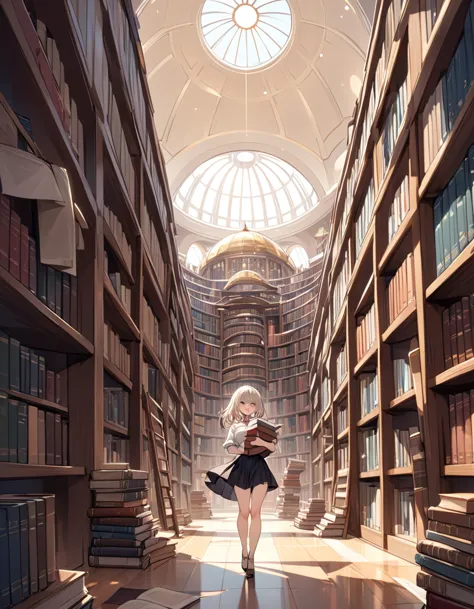 large library, huge shelves, dome, books and scrolls on the floor, a certain disorder, a sexy girl carries a very heavy load of ...