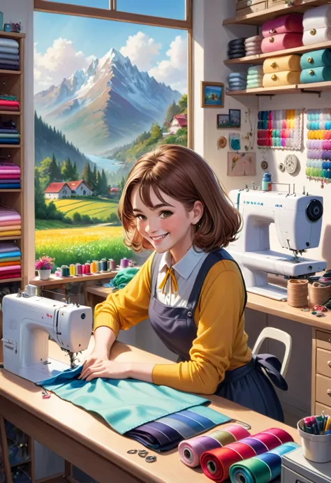 a sewing studio, big and beautiful scenery full of colors, a one woman, Grinning, long light brown hair, behind a sewing machine...