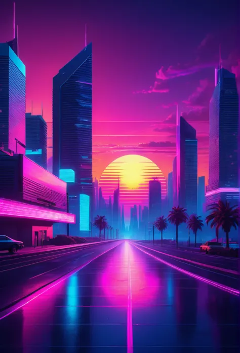 a synthwave sunset, vaporwave style, retrowave, vibrant neon colors, dramatic lighting, futuristic cityscape, glowing skyscraper...