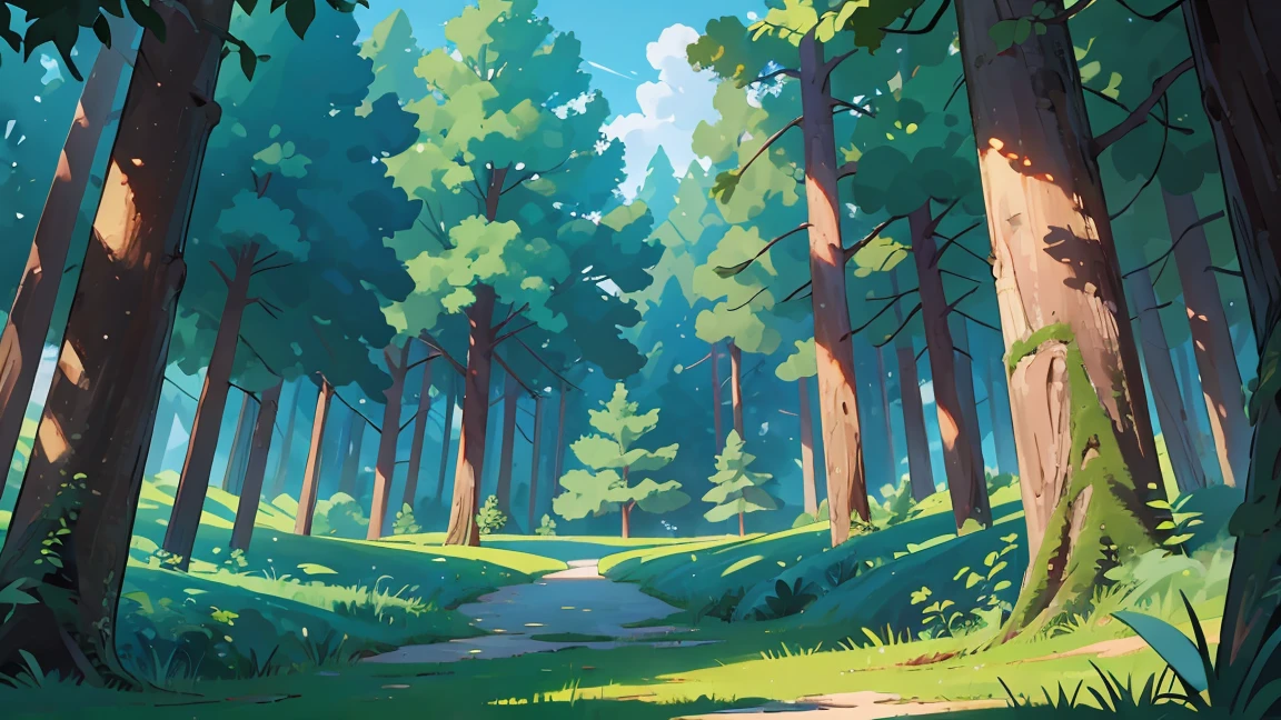 Un hermoso bosque visto de frente., fondo, vista frontal, 3/4 ser, cielo azul, No sombras, Obra maestra, vista cinemática, mejor calidad, estilo de los 90