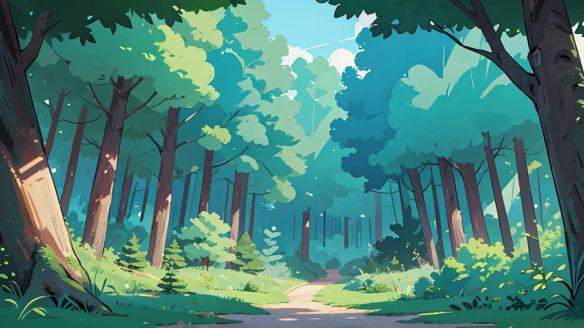 A beautiful forest seen from front, background, front view, 3/4 view, blue sky, not shadows, flat color, masterpiece, cinematic view, best quality, 1990s style