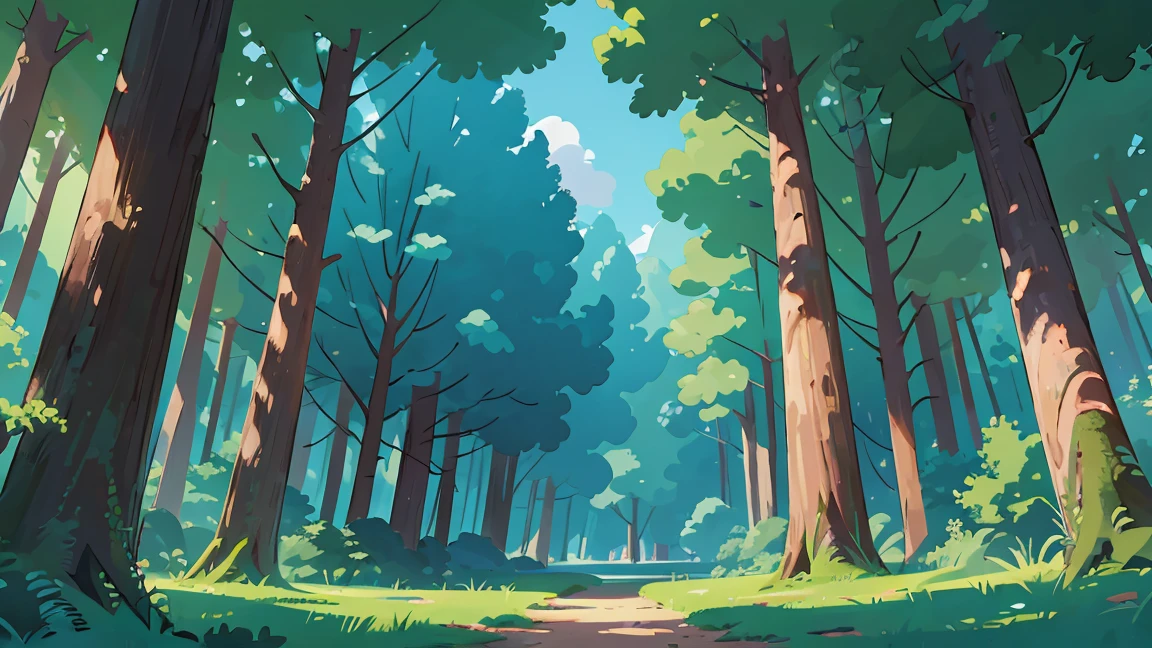 Красивый лес, вид спереди, Фон, передний план, 3/4 просмотра, голубое небо, Не тени, Плоский цвет, шедевр, кинематографический вид, Лучшее качество, стиль 1990-х годов