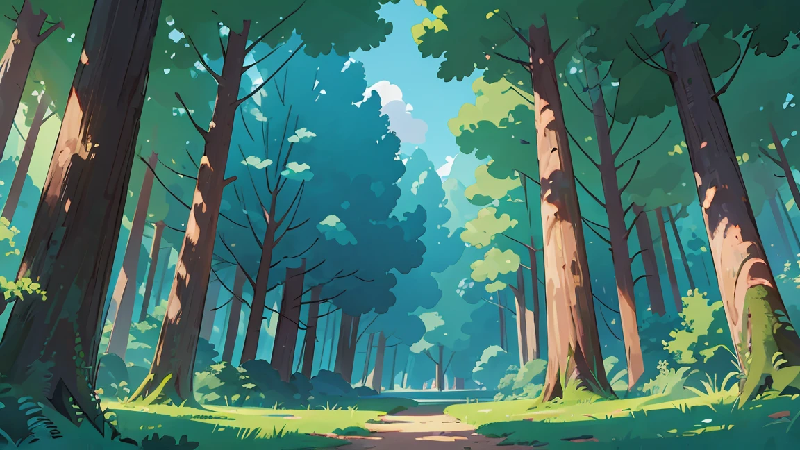 A beautiful forest seen from front, background, front view, 3/4 view, blue sky, not shadows, flat color, masterpiece, cinematic view, best quality, 1990s style