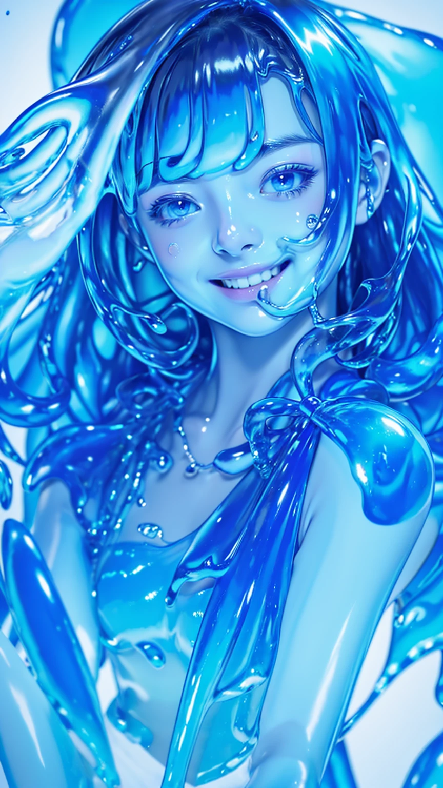 (chef-d&#39;œuvre,la plus haute qualité:1.4),(8k,Photos brutes,Photo réelle:1.2),peau brillante,peau détaillée,visage détaillé,grains fins, une fille,Visualisez vos spectateurs,Idoles japonaises,très beau visage, (sourire),  cheveux liquides, cheveux liquides, Mucus bleu flottant, Fille visqueuse, recouvert de bave bleue, (partiellement transparent), (mouillé), (sueur bleue), un liquide bleu coule de son corps. Her hair is also recouvert de bave bleue. Boue bleue dispersée, cheveux bleus, yeux bleus