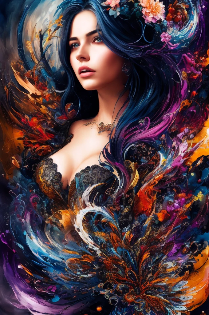 Colorful beautiful woman: Black ink flow: 8k resolution photorealistic masterpiece: by Aaron Horkey and Jeremy Mann: intricately detailed fluid gouache painting: by Jean Baptiste Mongue: calligraphy: acrylic: watercolor art, professional photography, natural lighting, volumetric lighting maximalist photo illustration: by marton bobzert: 8k resolution concept art intricately detailed, complex, elegant, expansive, fantastical