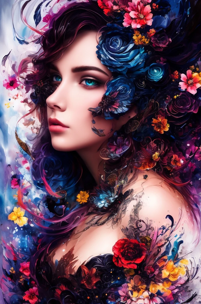 Colorful beautiful woman: Black ink flow: 8k resolution photorealistic masterpiece: by Aaron Horkey and Jeremy Mann: intricately detailed fluid gouache painting: by Jean Baptiste Mongue: calligraphy: acrylic: watercolor art, professional photography, natural lighting, volumetric lighting maximalist photo illustration: by marton bobzert: 8k resolution concept art intricately detailed, complex, elegant, expansive, fantastical