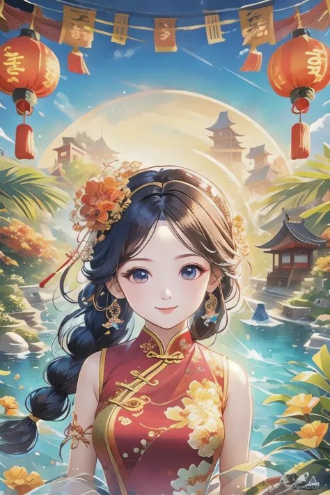 eyes are very fragile，double braids with cheongsam，chinese new year decorations（（smiling artwork）））， （（best quality））， （（intrica...