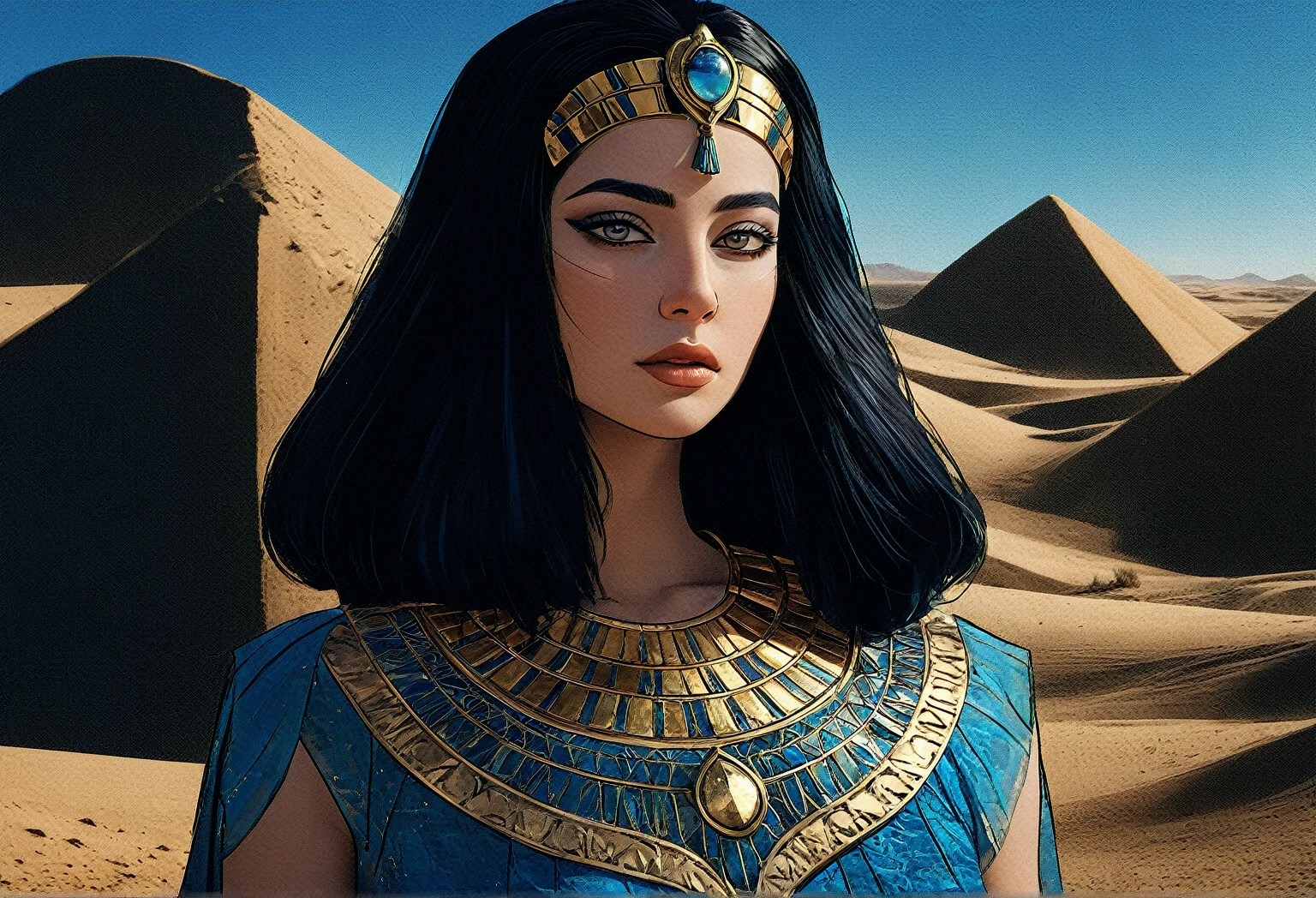Photo of Cleopatra with natural skin., short and voluminous black hair, sharp eyes with blue shadows, thin and upturned nose, beautiful lips, hourglass body shape, typical clothes, and makeup, intricately maximalistically detailed, bright, epic, smooth, Cinematic, 4K, with backlight, Fantasy desert background, and shallow depth of field.