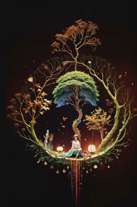 circular tree,four seasons,spring,summer,autumn,winter,leaves,roots,branches,trunk,ornate border,decorative,digital illustration...