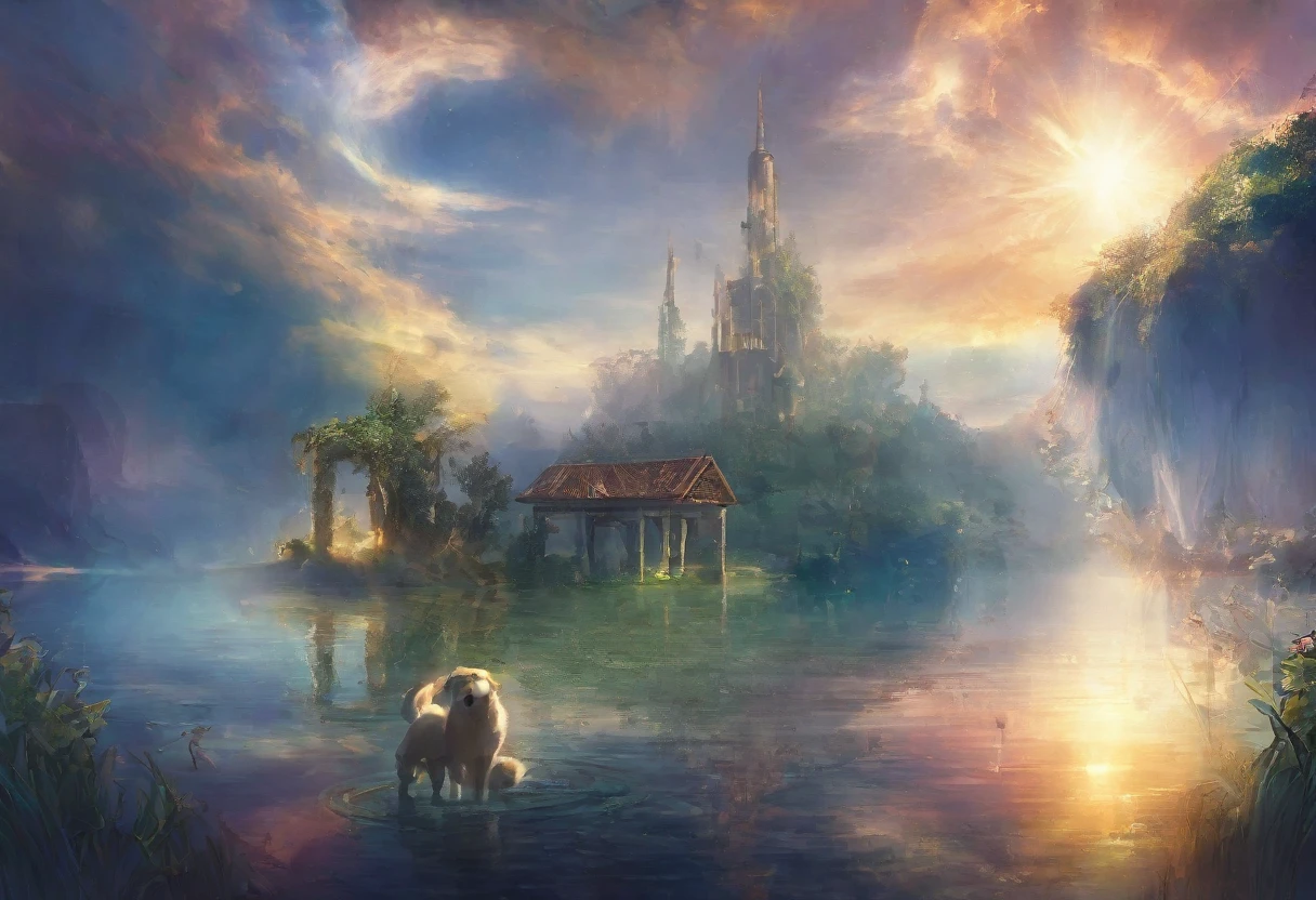 High-quality illustrations, wallpaper, summer, lake, dawn, forest, detailed forest, clouds, masterpiece, cinematic, soft light, depth of field, ray tracing, reflection in water, realism, ultra detailed, nymph, fairy, Mysterious and romantic atmosphere, luxurious embellishments, intricate details(surrounded cistern, transparent aquarium, caustics surface)(reflecting, refraction, polarization:1.2)(highly detailed beautiful face and eyes)absurdres, perfect anatomy(handsome 1boy, kemono, solo focus)(furry)(furry anthro:1.7)(Furry body, dog facial features, dog body features)(very detailed body fur)fragility, reflections in mirrors and water surfaces, realistic visual effects, soft and delicate color palette, dramatic composition,