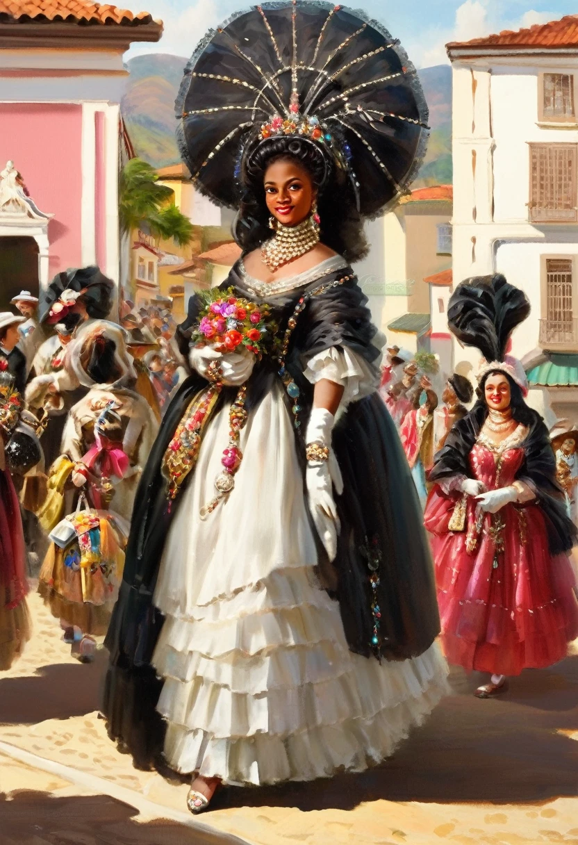 18. Jahrhundert 1760, eine wunderschöne, schwarze, wohlhabende Dame mit vielen Juwelen, die in der Stadt Ouro Preto spazieren geht, während andere Hofdamen ihr in einer Prozession folgen, die vorbeizieht.