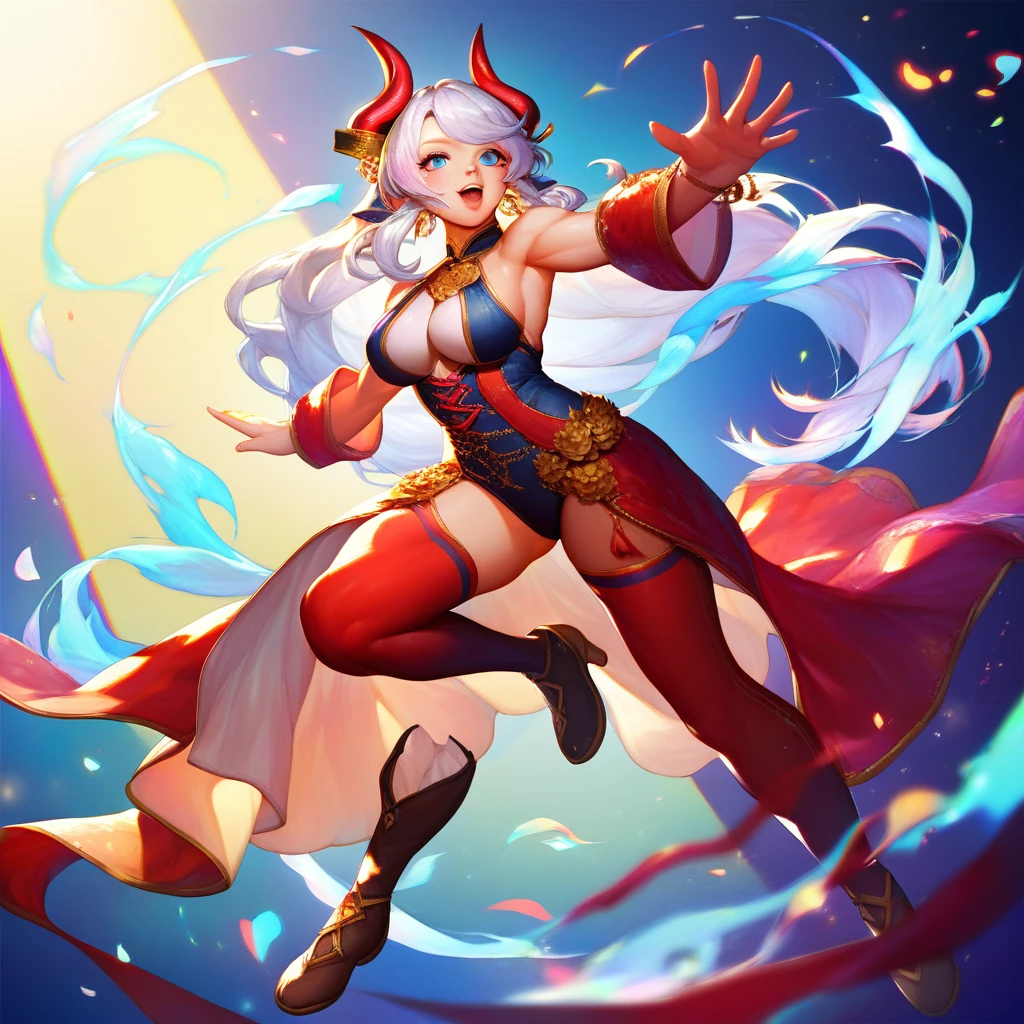 a kemono dragon goddess with red horns and long wavy white hair, beautiful detailed eyes, beautiful detailed lips, extremely detailed face, blue eyes, happy expression, dressed in blue and red casual style, muscular and curvy figure, full body shot, semi-realistic, 8k, hyperdetailed, intricate details, dynamic pose, vibrant colors, dramatic lighting, fantasy art, digital painting