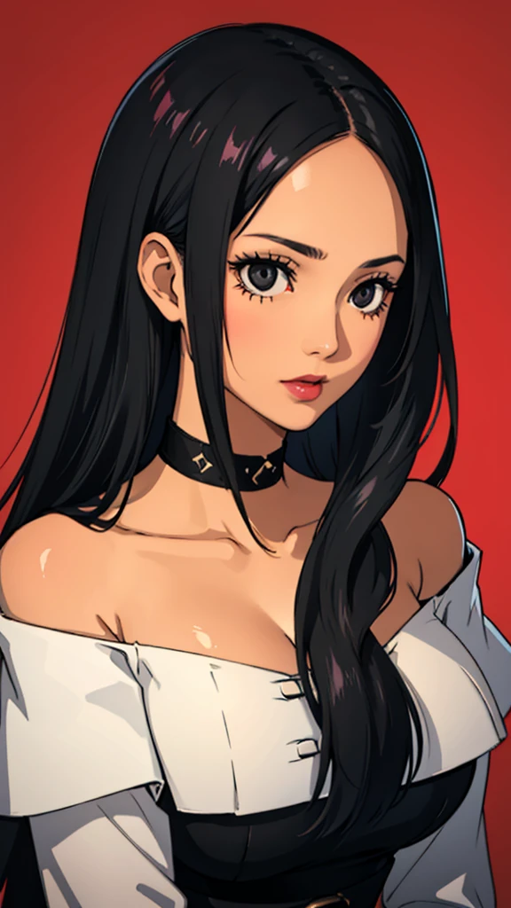 1girl, milf, large face, black eyes, long hair, forehead, black hair, straight hair, black choker, huge breast, red off shoulder dress, lipstick, Portrait,