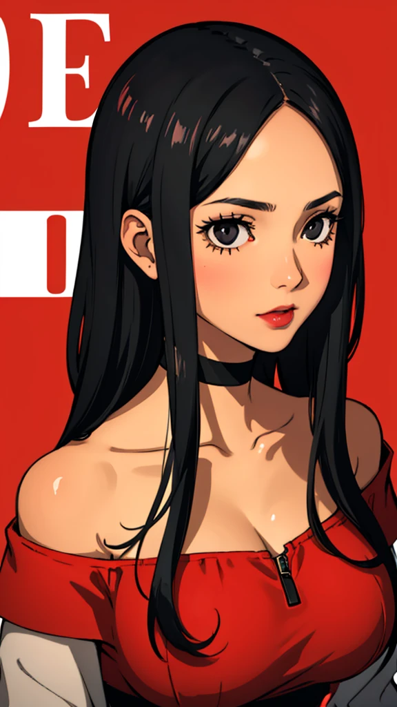 1girl, milf, large face, black eyes, long hair, forehead, black hair, straight hair, black choker, huge breast, red off shoulder dress, lipstick, Portrait,