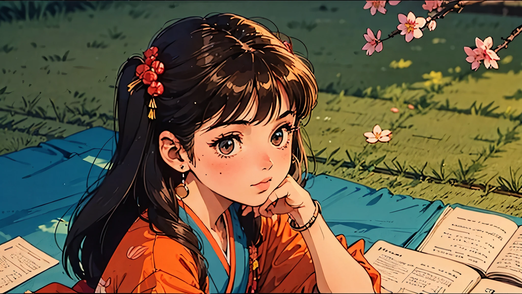 A girl, 80s anime style, retro, lo-fi, outside, kimono, Japanese hair ornaments, cherry blossoms, piercing